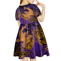 Hawaiian Volcano and Shark Kid Short Sleeve Dress Polynesian and Hibiscus Pattern Purple Yellow Gradient