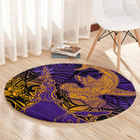 Hawaiian Volcano and Shark Round Carpet Polynesian and Hibiscus Pattern Purple Yellow Gradient