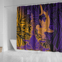 Hawaiian Volcano and Shark Shower Curtain Polynesian and Hibiscus Pattern Purple Yellow Gradient
