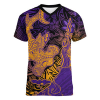 Hawaiian Volcano and Shark Women V-Neck T-Shirt Polynesian and Hibiscus Pattern Purple Yellow Gradient