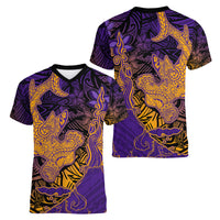 Hawaiian Volcano and Shark Women V-Neck T-Shirt Polynesian and Hibiscus Pattern Purple Yellow Gradient