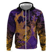 Hawaiian Volcano and Shark Zip Hoodie Polynesian and Hibiscus Pattern Purple Yellow Gradient