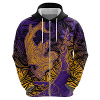 Hawaiian Volcano and Shark Zip Hoodie Polynesian and Hibiscus Pattern Purple Yellow Gradient