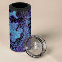 Hawaiian Volcano and Shark 4 in 1 Can Cooler Tumbler Polynesian and Hibiscus Pattern Purple Cyan Gradient