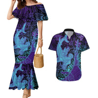 Hawaiian Volcano and Shark Couples Matching Mermaid Dress and Hawaiian Shirt Polynesian and Hibiscus Pattern Purple Cyan Gradient LT03 Purple - Polynesian Pride