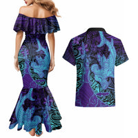 Hawaiian Volcano and Shark Couples Matching Mermaid Dress and Hawaiian Shirt Polynesian and Hibiscus Pattern Purple Cyan Gradient LT03 - Polynesian Pride