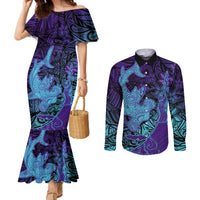 Hawaiian Volcano and Shark Couples Matching Mermaid Dress and Long Sleeve Button Shirt Polynesian and Hibiscus Pattern Purple Cyan Gradient LT03 Purple - Polynesian Pride