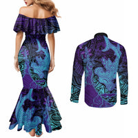 Hawaiian Volcano and Shark Couples Matching Mermaid Dress and Long Sleeve Button Shirt Polynesian and Hibiscus Pattern Purple Cyan Gradient LT03 - Polynesian Pride