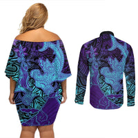 Hawaiian Volcano and Shark Couples Matching Off Shoulder Short Dress and Long Sleeve Button Shirt Polynesian and Hibiscus Pattern Purple Cyan Gradient LT03 - Polynesian Pride