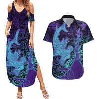 Hawaiian Volcano and Shark Couples Matching Summer Maxi Dress and Hawaiian Shirt Polynesian and Hibiscus Pattern Purple Cyan Gradient LT03 Purple - Polynesian Pride