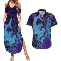 Hawaiian Volcano and Shark Couples Matching Summer Maxi Dress and Hawaiian Shirt Polynesian and Hibiscus Pattern Purple Cyan Gradient
