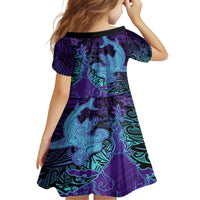 Hawaiian Volcano and Shark Family Matching Long Sleeve Bodycon Dress and Hawaiian Shirt Polynesian and Hibiscus Pattern Purple Cyan Gradient