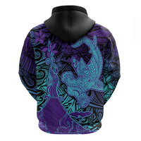 Hawaiian Volcano and Shark Hoodie Polynesian and Hibiscus Pattern Purple Cyan Gradient
