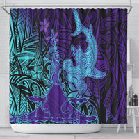 Hawaiian Volcano and Shark Shower Curtain Polynesian and Hibiscus Pattern Purple Cyan Gradient