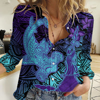 Hawaiian Volcano and Shark Women Casual Shirt Polynesian and Hibiscus Pattern Purple Cyan Gradient