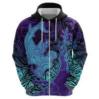 Hawaiian Volcano and Shark Zip Hoodie Polynesian and Hibiscus Pattern Purple Cyan Gradient