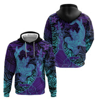 Hawaiian Volcano and Shark Zip Hoodie Polynesian and Hibiscus Pattern Purple Cyan Gradient