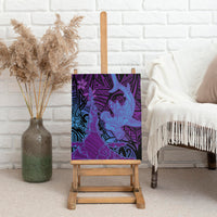 Hawaiian Volcano and Shark Canvas Wall Art Polynesian and Hibiscus Pattern Violet Gradient
