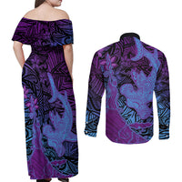 Hawaiian Volcano and Shark Couples Matching Off Shoulder Maxi Dress and Long Sleeve Button Shirt Polynesian and Hibiscus Pattern Violet Gradient