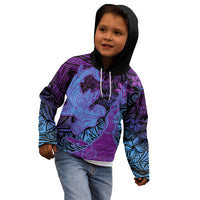 Hawaiian Volcano and Shark Kid Hoodie Polynesian and Hibiscus Pattern Violet Gradient