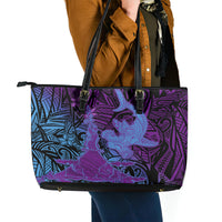 Hawaiian Volcano and Shark Leather Tote Bag Polynesian and Hibiscus Pattern Violet Gradient