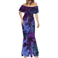 Hawaiian Volcano and Shark Mermaid Dress Polynesian and Hibiscus Pattern Violet Gradient LT03 - Polynesian Pride