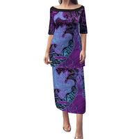 Hawaiian Volcano and Shark Puletasi Polynesian and Hibiscus Pattern Violet Gradient LT03 Long Dress Violet - Polynesian Pride