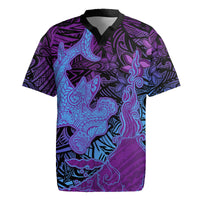 Hawaiian Volcano and Shark Rugby Jersey Polynesian and Hibiscus Pattern Violet Gradient LT03 Violet - Polynesian Pride