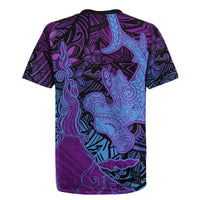 Hawaiian Volcano and Shark Rugby Jersey Polynesian and Hibiscus Pattern Violet Gradient LT03 - Polynesian Pride