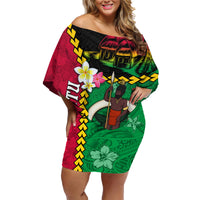 Vanuatu Nakamal and Plumeria Flowers Family Matching Off Shoulder Short Dress and Hawaiian Shirt Polynesian Pattern
