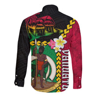 Vanuatu Nakamal and Plumeria Flowers Long Sleeve Button Shirt Polynesian Pattern