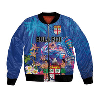 Fiji Bula Bomber Jacket Tropical Plants with Palm Tree and Iguana Colorful