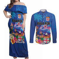 Fiji Bula Couples Matching Off Shoulder Maxi Dress and Long Sleeve Button Shirt Tropical Plants with Palm Tree and Iguana Colorful