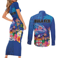 Fiji Bula Couples Matching Short Sleeve Bodycon Dress and Long Sleeve Button Shirt Tropical Plants with Palm Tree and Iguana Colorful