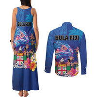 Fiji Bula Couples Matching Tank Maxi Dress and Long Sleeve Button Shirt Tropical Plants with Palm Tree and Iguana Colorful