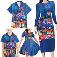 Fiji Bula Family Matching Long Sleeve Bodycon Dress and Hawaiian Shirt Tropical Plants with Palm Tree and Iguana Colorful