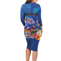 Fiji Bula Family Matching Long Sleeve Bodycon Dress and Hawaiian Shirt Tropical Plants with Palm Tree and Iguana Colorful