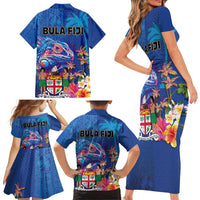 Fiji Bula Family Matching Short Sleeve Bodycon Dress and Hawaiian Shirt Tropical Plants with Palm Tree and Iguana Colorful