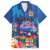 Fiji Bula Family Matching Short Sleeve Bodycon Dress and Hawaiian Shirt Tropical Plants with Palm Tree and Iguana Colorful