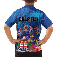 Fiji Bula Family Matching Summer Maxi Dress and Hawaiian Shirt Tropical Plants with Palm Tree and Iguana Colorful