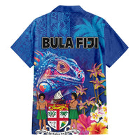 Fiji Bula Family Matching Tank Maxi Dress and Hawaiian Shirt Tropical Plants with Palm Tree and Iguana Colorful