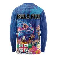 Fiji Bula Long Sleeve Shirt Tropical Plants with Palm Tree and Iguana Colorful