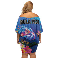 Fiji Bula Off Shoulder Short Dress Tropical Plants with Palm Tree and Iguana Colorful