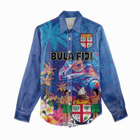 Fiji Bula Women Casual Shirt Tropical Plants with Palm Tree and Iguana Colorful