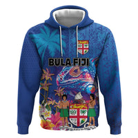 Fiji Bula Zip Hoodie Tropical Plants with Palm Tree and Iguana Colorful LT03 Pullover Hoodie Blue - Polynesian Pride