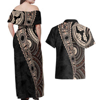 Fiji Traditional Masi Couples Matching Off Shoulder Maxi Dress and Hawaiian Shirt Tapa Art Palm Leaves Pattern
