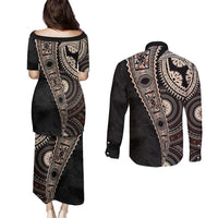 Fiji Traditional Masi Couples Matching Puletasi and Long Sleeve Button Shirt Tapa Art Palm Leaves Pattern