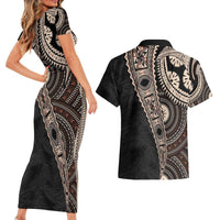 Fiji Traditional Masi Couples Matching Short Sleeve Bodycon Dress and Hawaiian Shirt Tapa Art Palm Leaves Pattern
