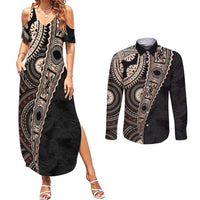 Fiji Traditional Masi Couples Matching Summer Maxi Dress and Long Sleeve Button Shirt Tapa Art Palm Leaves Pattern