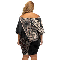 Fiji Traditional Masi Family Matching Off Shoulder Short Dress and Hawaiian Shirt Tapa Art Palm Leaves Pattern
